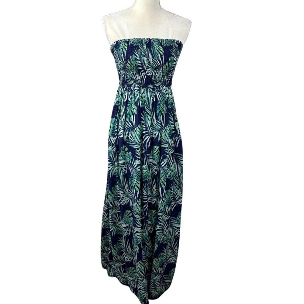 Strapless Navy Tropical Leaf Maxi Dress